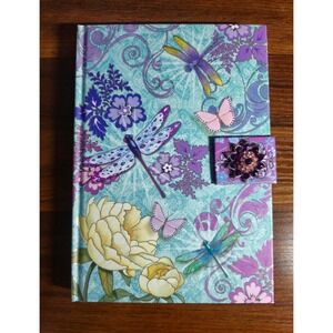 Punch Studio Dragonfly Peony Brooch Journal Hardcover Lined Teal Purple Floral